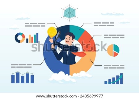 Businessman analyse data with lightbulb, data scientist analyse data for business insight, intelligence information on marketing research, analytics visualisation dashboard, chart and graph (Vector)