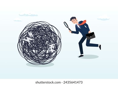 Businessman analyse mess with magnifying glass, analyse problem finding solution or opportunity, look for details to solve problem, discovery or search, root cause analysis or troubleshooting (Vector)