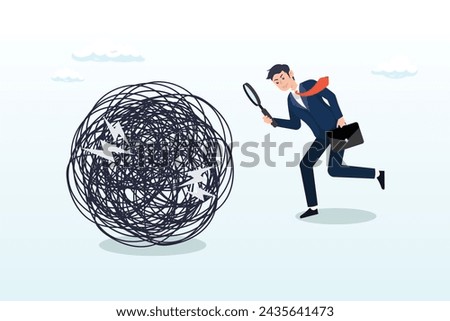 Businessman analyse mess with magnifying glass, analyse problem finding solution or opportunity, look for details to solve problem, discovery or search, root cause analysis or troubleshooting (Vector)