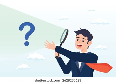 Businessman analyse question mark with magnifying glass, problem analysis, analyse information to find solution or answer, solving problem or trouble, challenge to think overcome difficulty concept