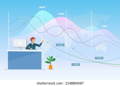 Businessman analysing business growth graph and financial investment chart at office desk. Business planning strategy, data statistics and broker stock market exchange concept.