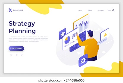 Businessman analysing commercial data on virtual screens. Strategy planning concept isometric vector illustration. Company financial expert studying infocharts cartoon character for landing page