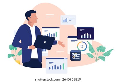 Businessman analysing performance data and financial charts with a laptop, showcasing business intelligence, digital analytics, and statistical reporting for growth. Flat design vector illustration