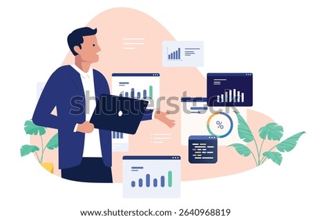 Businessman analysing performance data and financial charts with a laptop, showcasing business intelligence, digital analytics, and statistical reporting for growth. Flat design vector illustration