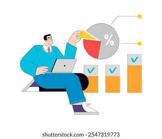 Businessman analysis concept. Confident man working on laptop, analyzing pie chart data, achieving targets. Corporate strategy and success metaphor. Vector illustration.