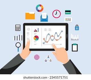 Businessman analysis digital data, time management, Flat design concept.