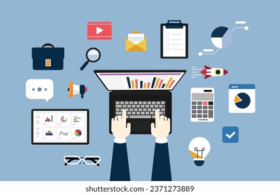 Businessman analysis digital data, time management, Flat design concept.	