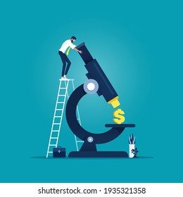 Businessman Analysis dollar sign under a microscope, Money devaluation, economic crisis, global recession