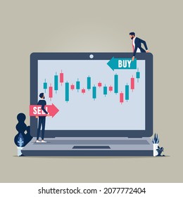 businessman analysis stock market on laptop, choice  buy or sell price goal direction