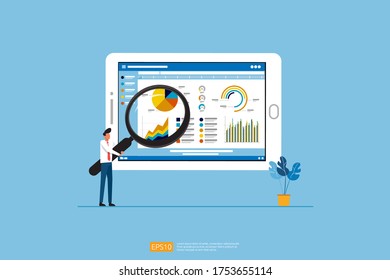 businessman analysis web statistics charts on Computer screen. Flat vector infographic analytic trend graphs information concept for planning and accounting, audit, data report, marketing illustration