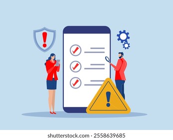 Businessman Analyst with checklist and caution signs,Risk assessment and management, identifying potential risks and mitigation strategies, ensuring project security concept vector illustration