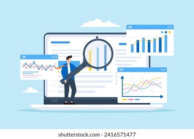 Businessman analyst data on laptop with magnifying glass