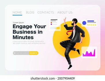 Businessman analyst flies around statistical data. Landing page template. Vector illustration
