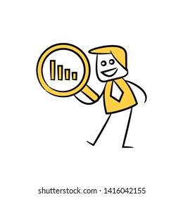 businessman, analyst holding magnifier and graph  yellow stick figure