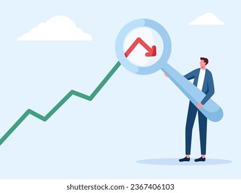 businessman analyst with magnifier on arrow turn down, Down turn or economic recession concept. Stock market or Cryptocurrency decline, market plunge signal, inflation vector illustration