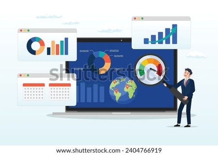 Businessman analyst with magnifying glass analyse data on computer laptop, market research data analysis, analyse business data or financial report, SEO analytics or profit and earning (Vector)
