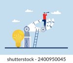 Businessman analyst use telescope climb up Robot hand holding digital to see opportunity,vision  idea or artificial intelligence technology futuristic, AI, Machine future cooperation vector 