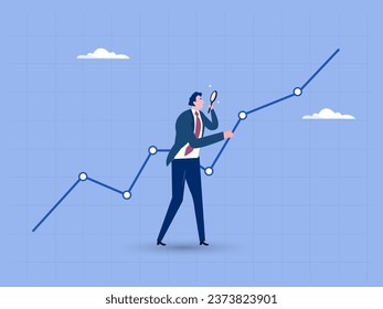 Businessman analyst using magnifying glass look in details on market data rising graph. Stock market data analysis, financial research professional or investment and economic forecast concept.