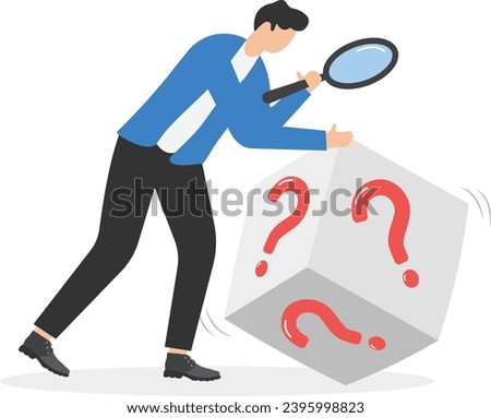 Businessman analyst using magnifying glass to analyze question mark signs. Problem and root cause analysis, research and leadership skill to find solution or answer for business problem concept.

