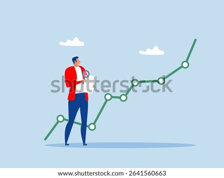 businessman analyst using magnifying glass look in details on market data rising graph.Stock market data analysis Investment and economic forecast concept