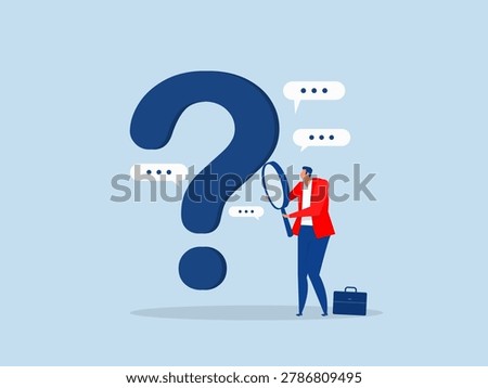Businessman analyst using magnifying glass to analyze question mark sign. analysis, research and leadership skill to find solution or answer vector 