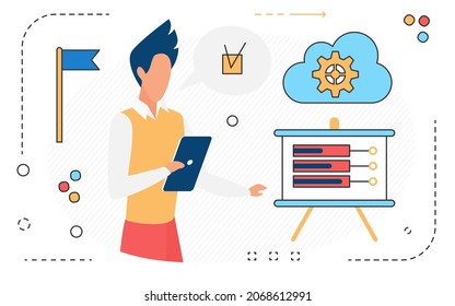 Businessman analyst working on business development in data analysis dashboard report vector illustration. Cartoon optimization, finance research service isolated on white
