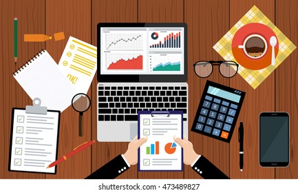 Businessman or analytic holding paper sheet in hands, consultant, financial audit, financial research report, auditing tax process, data analysis, market stats calculate in vector