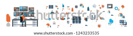 businessman analytic monitor graph over data network flowchart server map isometric cloud storage synchronization concept horizontal banner flat isolated