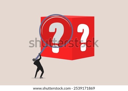 Businessman analyze box marked with a question mark using a magnifying glass. concept of random or chance to win, gamble, risk management or analyze opportunity