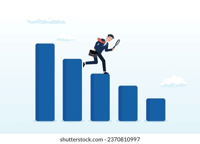 Businessman analyze declining bar graph and chart, business decline, loss or profit reduction, investment forecast of economic recession, negative return, price drop or financial downturn (Vector)