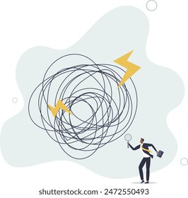 businessman analyze mess with magnifying glass.flat vector illustration.Analyze problem finding solution or opportunity,.