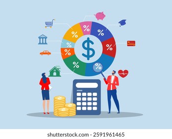 Businessman analyzes budget allocation pie chart. Cost tracking or debt management. Budget planning, financial expense concept vector.