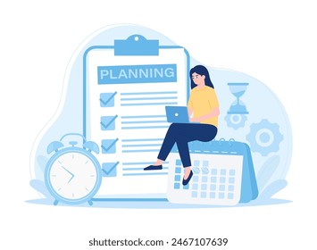 Empresario analiza datos y hace lista de verificación con el concepto de tendencia de Plan de desarrollo ilustración plana