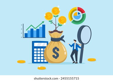 Businessman analyzes financial resources with growth in profit, illustrating financial management. Concept of planning and controlling financial resources to optimize revenue, capital, and credit