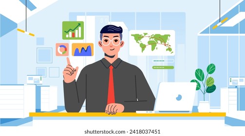 Businessman analyzing audit data business profit growth analytical data graphic at office desk laptop male guy vector flat illustration character