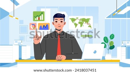 Businessman analyzing audit data business profit growth analytical data graphic at office desk laptop male guy vector flat illustration character
