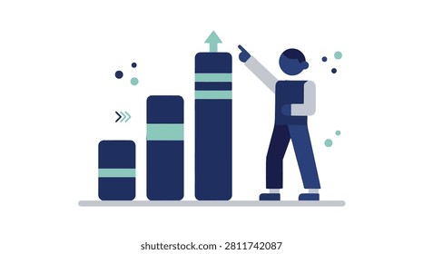 Businessman analyzing a bar chart with increasing bars in shades of blue and teal representing growth and achievement in a professional setting