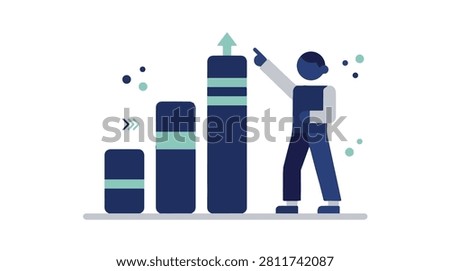 Businessman analyzing a bar chart with increasing bars in shades of blue and teal representing growth and achievement in a professional setting