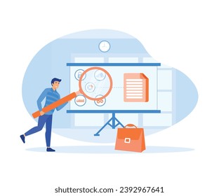 Businessman analyzing big data on graph using magnifying glass.  flat vector modern illustration 