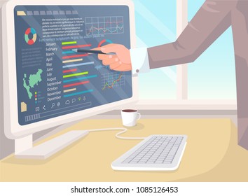 Businessman analyzing business data vector banner, illustration of work place in modern bright office, computer with statistical charts collection