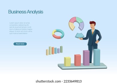 Businessman analyzing business graph chart. Business development for success growth in future plan, business report and marketing strategy. 3D realistic vector. 