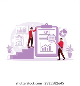 Businessman analyzing business and management data connected with KPI financial and marketing charts and graphs. Trend Modern vector flat illustration.