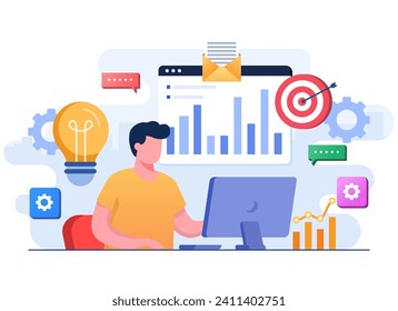 Empresario analizando gráficos, gráficos y bares, análisis de datos empresariales, investigación de mercado, rendimiento empresarial, optimización de motores de búsqueda, informe financiero, estrategia de negocio, previsión financiera