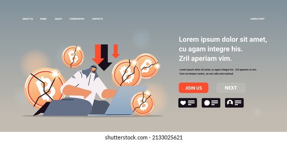 businessman analyzing crashed coins on laptop cryptocurrency crash bitcoin price collapse crypto loss investment risk crisis