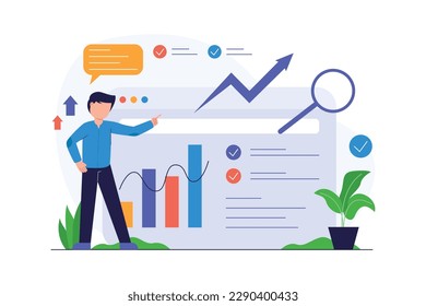 Empresario analizando la gestión de datos, ilustración plana moderna