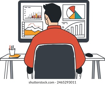 A businessman analyzing data on a computer screen, business analytics, professional data analysis, corporate research, one continues line art vector illustration