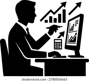 Businessman analyzing data on computer with graphs and calculator on desk