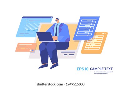 businessman analyzing data on laptop business analyst making analytics report working process concept
