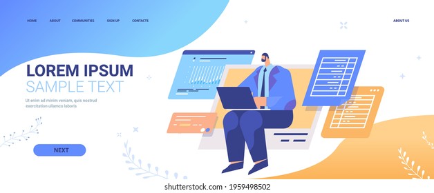 businessman analyzing data on laptop business analyst making analytics report working process concept