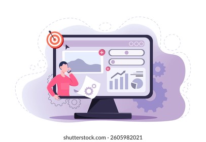 Businessman analyzing data on a large computer screen with charts, graphs, and settings icons, in flat style, on abstract background. Concept of data analysis. Vector illustration
